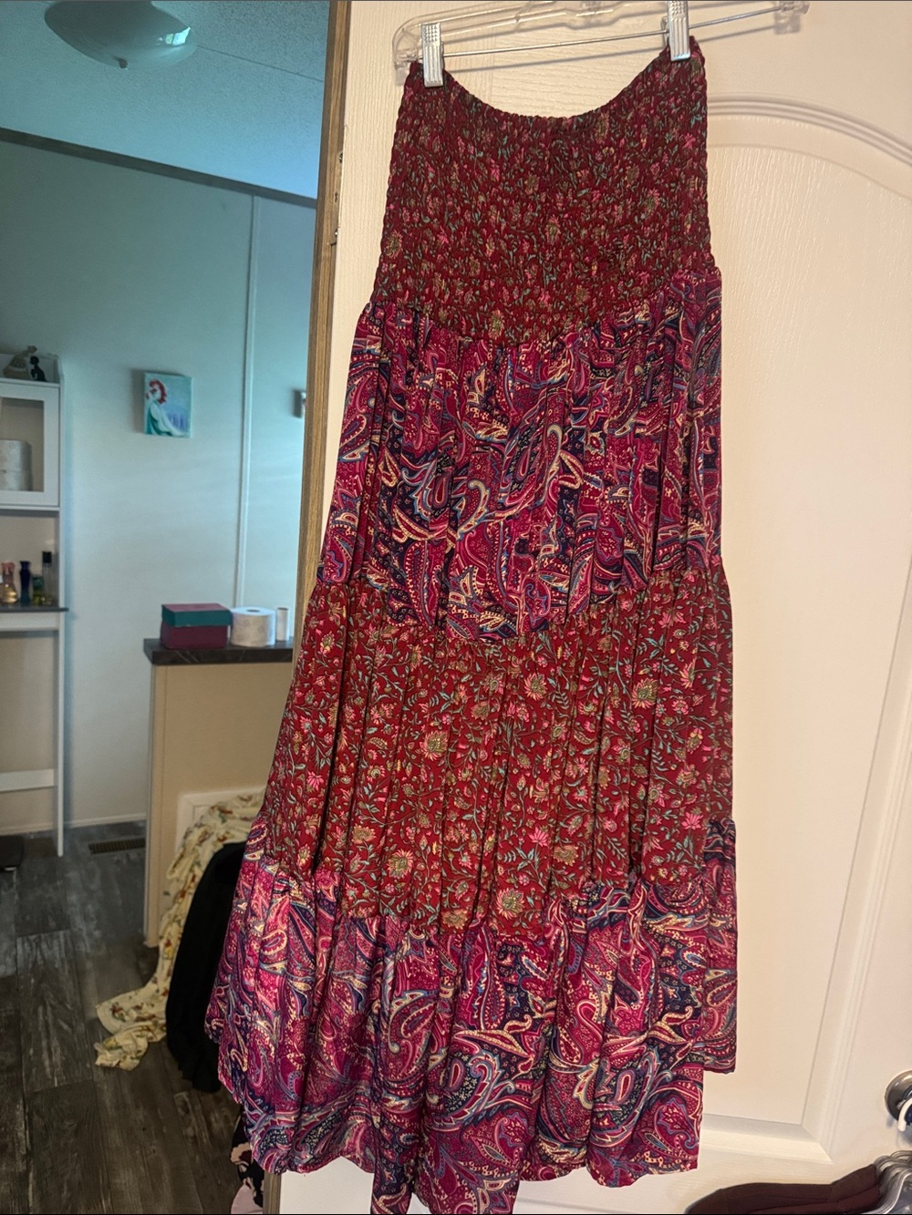 Smocked Waist Burgundy Paisley Tiered Maxi Skirt